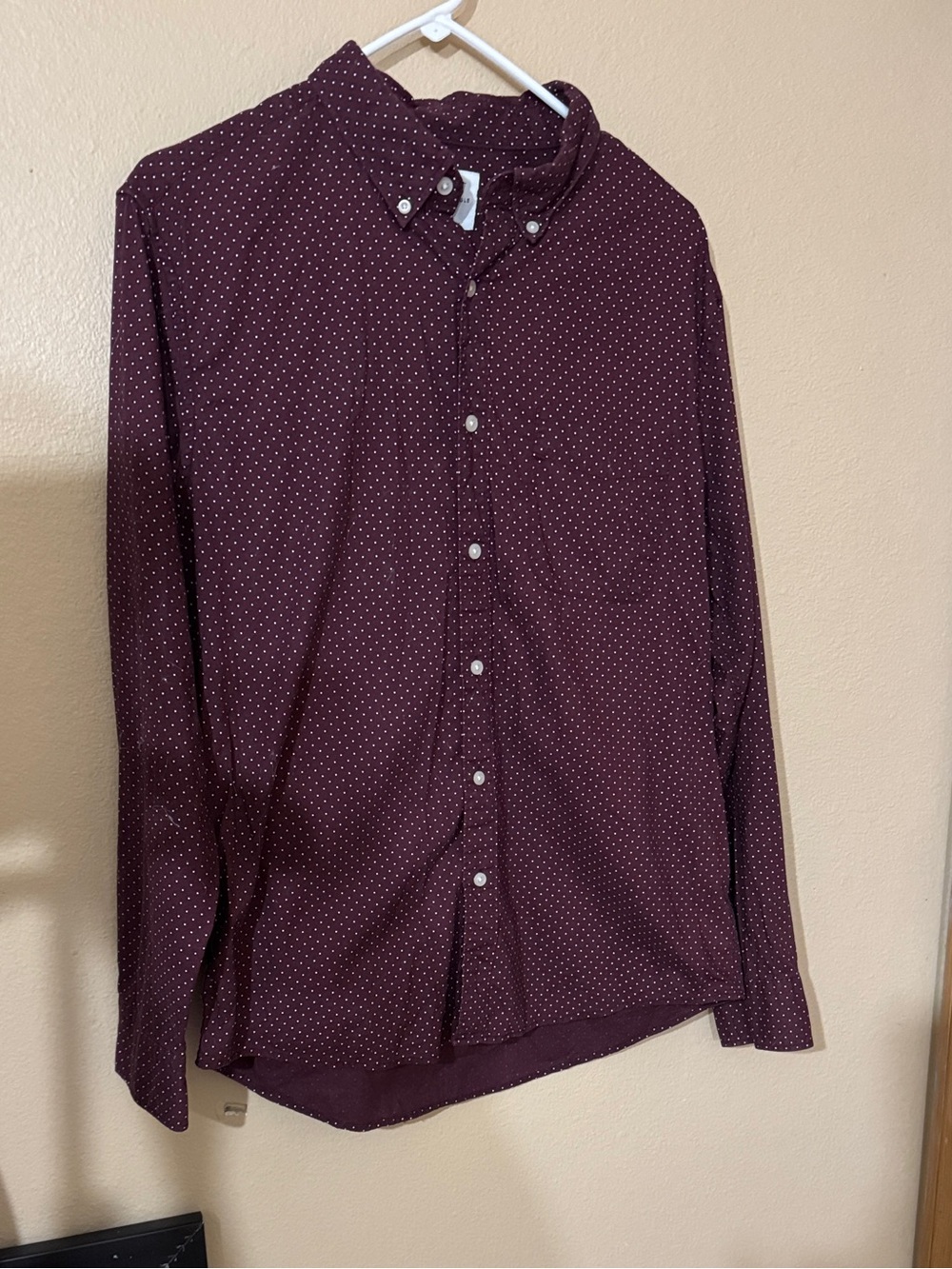 American Eagle Outfitters Men's Burgundy Button-Down with White Dot Print
